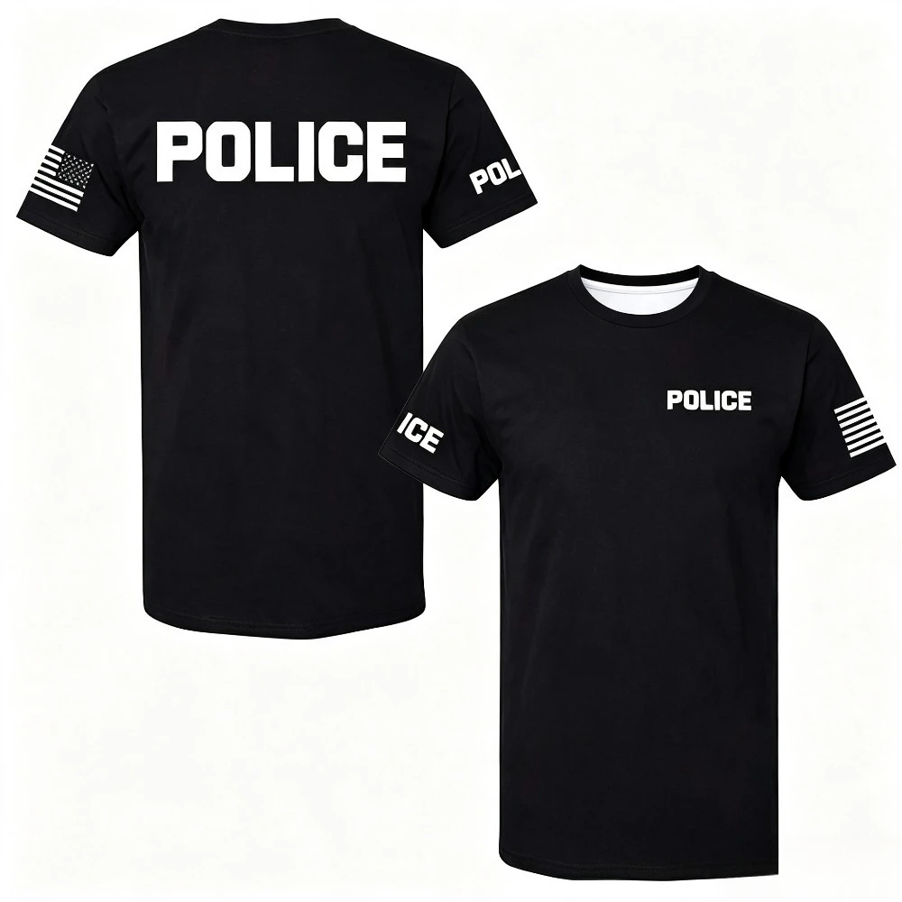 Men Tactical Short Sleeve T‑Shirt  FBI Print Tee American Flag Sleeve Casual Crew Neck Polyester T‑Shirts For Men