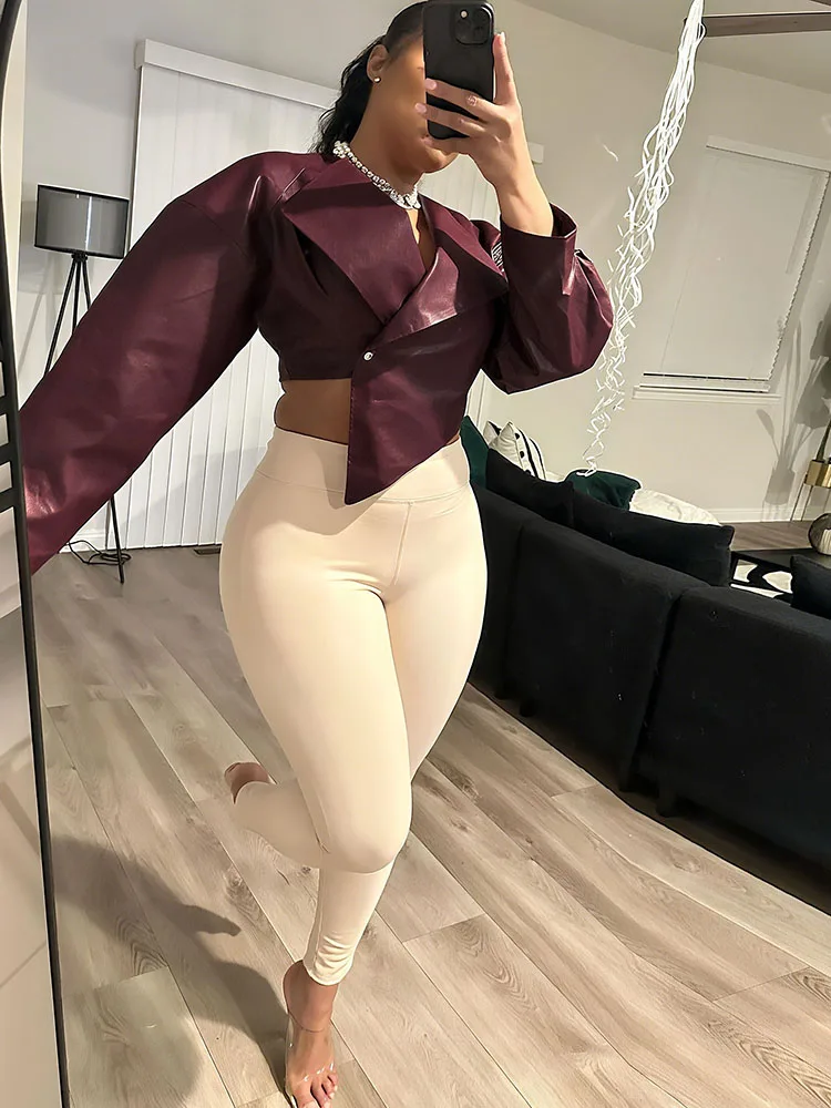 Seltsame Puss Single Button Crop Jacke Frauen Hipster Unregelmäßige Kunstleder Herbst Trend Wild Basic Sexy Cross Neck Streetwear Mantel