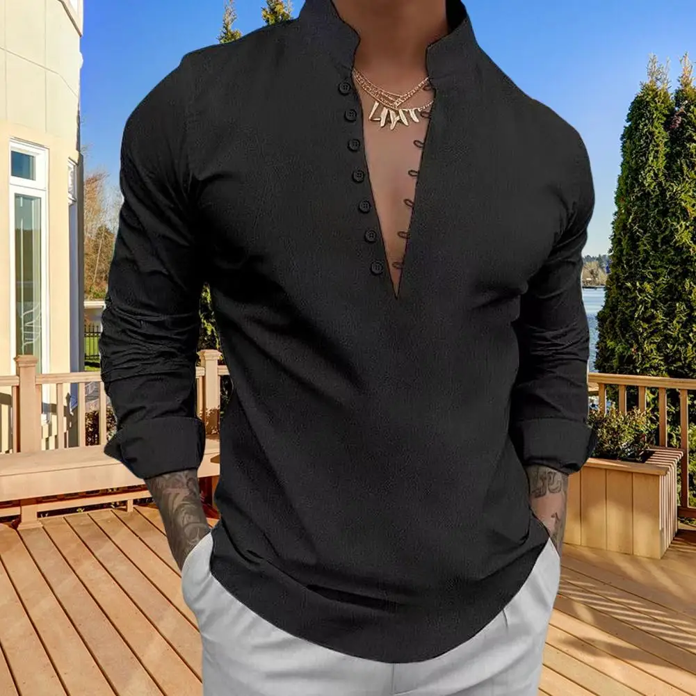 Vintage-inspired Men Shirt Stylish Men's Stand Collar V Neck Shirt with Slim Fit Retro Buttons Casual Daily Wear Top for Fall