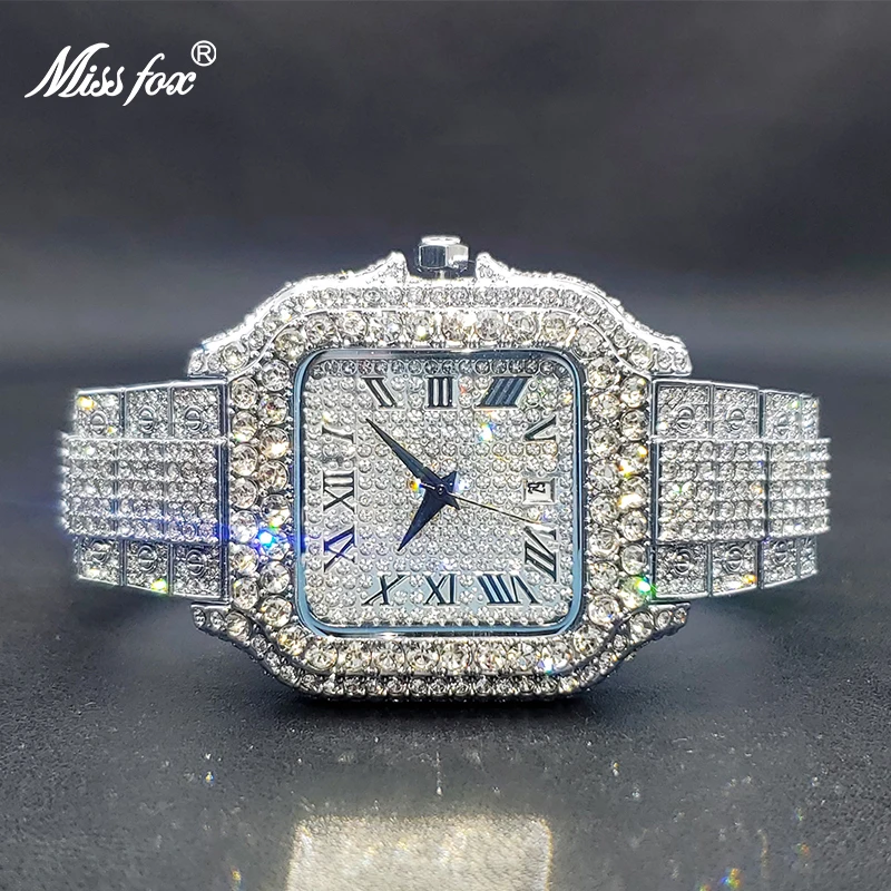 MISSFOX Men Big Watch Luxury Brand Full Diamond Street Hip Hop Style Quartz Watches With Calendar Droshipping Rlógios Masculino