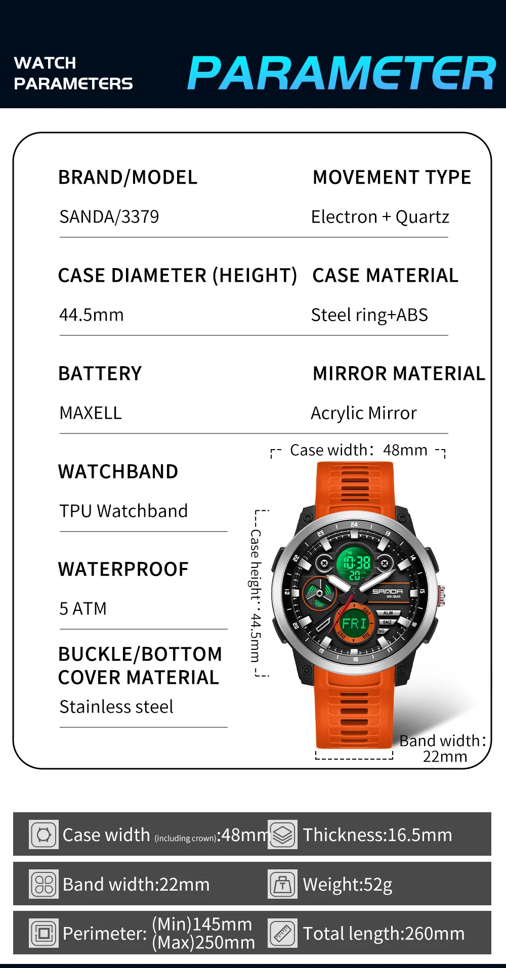 SANDA Men\'s Digital Electronic Watch Sports Multifunctional Waterproof LED Dual Time Display Fashion Men\'s Electronic Watch 3379