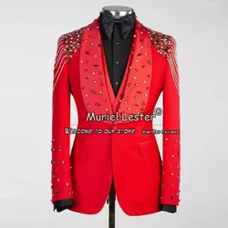 Red Wedding Suits For Men Luxury Crystals Beaded Groom Wear Tuxedos 3 Pieces Formal Business Prom Blazer Traje De Hombre Elegant