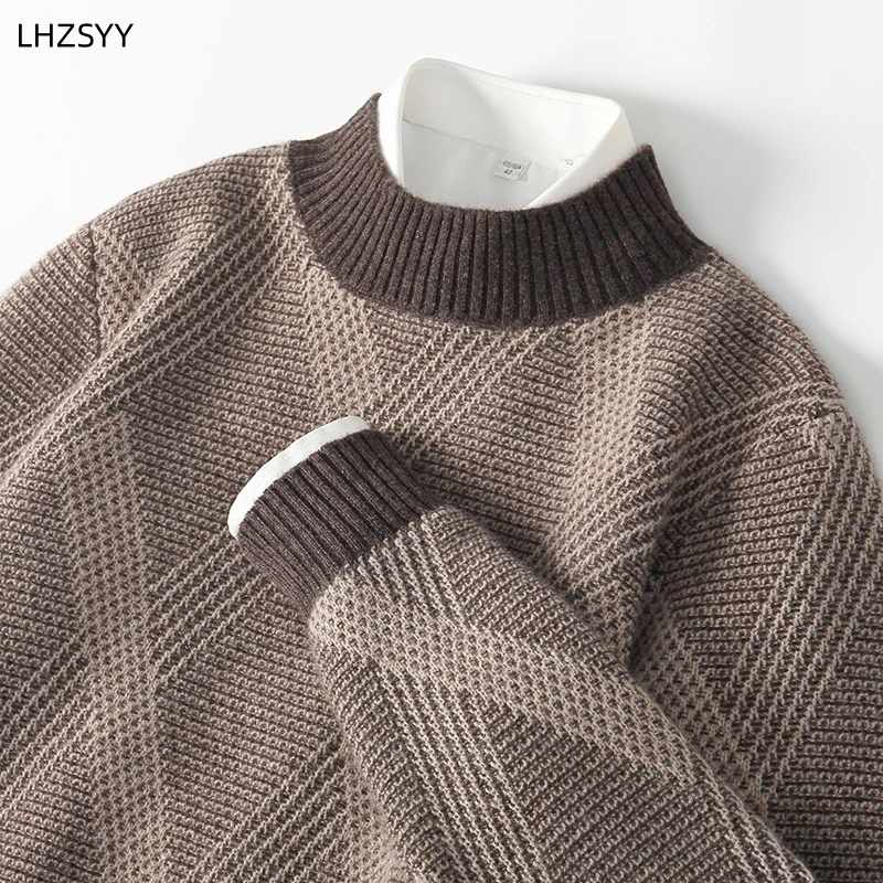 LHZSYY Men's New Pure Cashmere Sweater Winter Half-high-Neck Color Matching Pullover Loose Casual Thicken Tops Knit Shirt Jumper