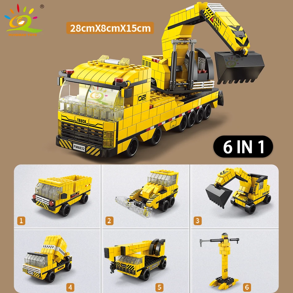 HUIQIBAO 1000pcs 6in1 Engineering Crane Truck Building Blocks City Construction Bricks Bulldozer Car Set For Children Kids TOYS