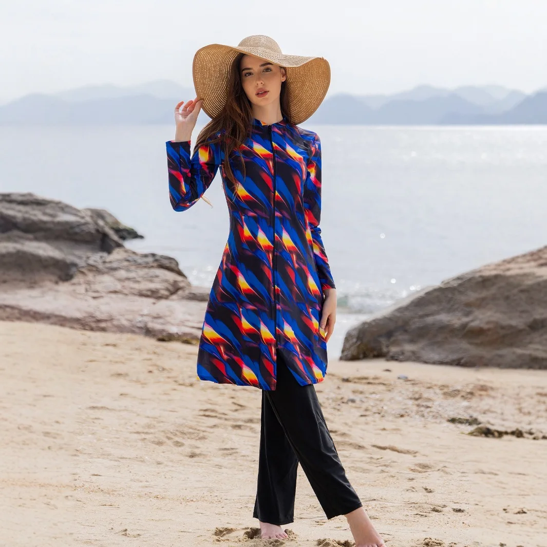 2-Piece Muslim Burkini Swimwear Print Modest Swimsuit, Full Coverage Long Sleeve Quick Dry UPF50+ Islamic Bathing Suit for Women