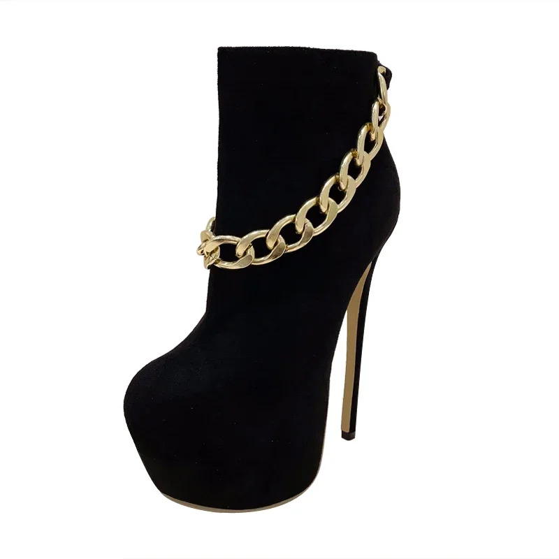 Eilyken Designer Nightclub Party Round Toe Women Boots Sexy Metal Chain Stiletto High Heels Platform Zipper Female Shoes