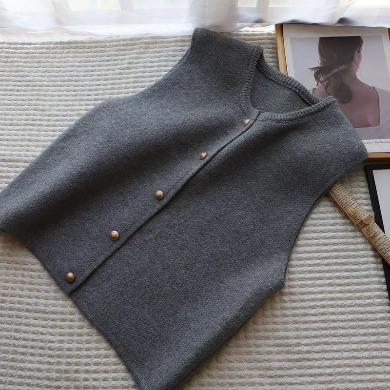 Lucyever Knitted Vests Women Loose Single Breasted Sleeveless Sweater Waistcoats Female Autumn Winter O-Neck Solid Knitwear Vest