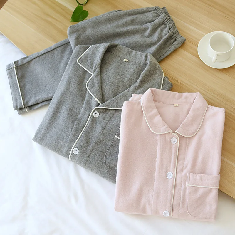 

Cotton Flannel Sleepwea Couple Long Sleeve Thin Home Clothes Men and Women Spring Autumn Loungewear Two Pieces Set Nightwear