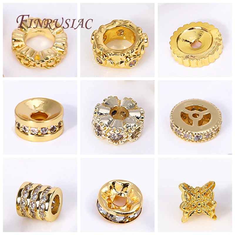 2 Sizes 18K Gold Plated Brass With Zircon Wheel Shape Beads Round Spacer Beads Bracelets Beads For Handmade Beads Jewellery