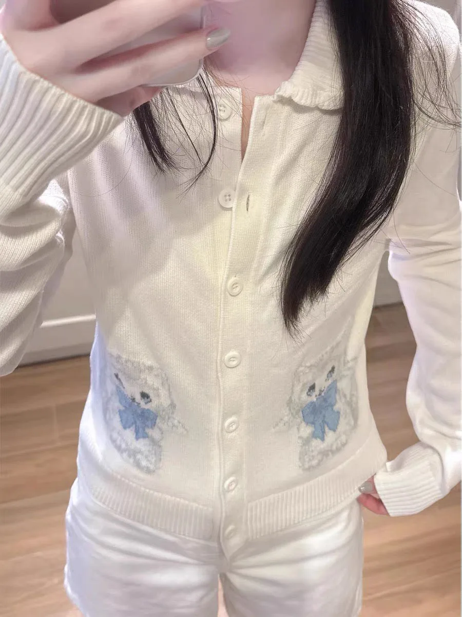 

Жаккардовый вязаный свитер с маленьким котом, кардиган, женский однобортный тонкий укороченный топ с воротником «Питер Пэн», хлопковые милые милые трикотажные топы