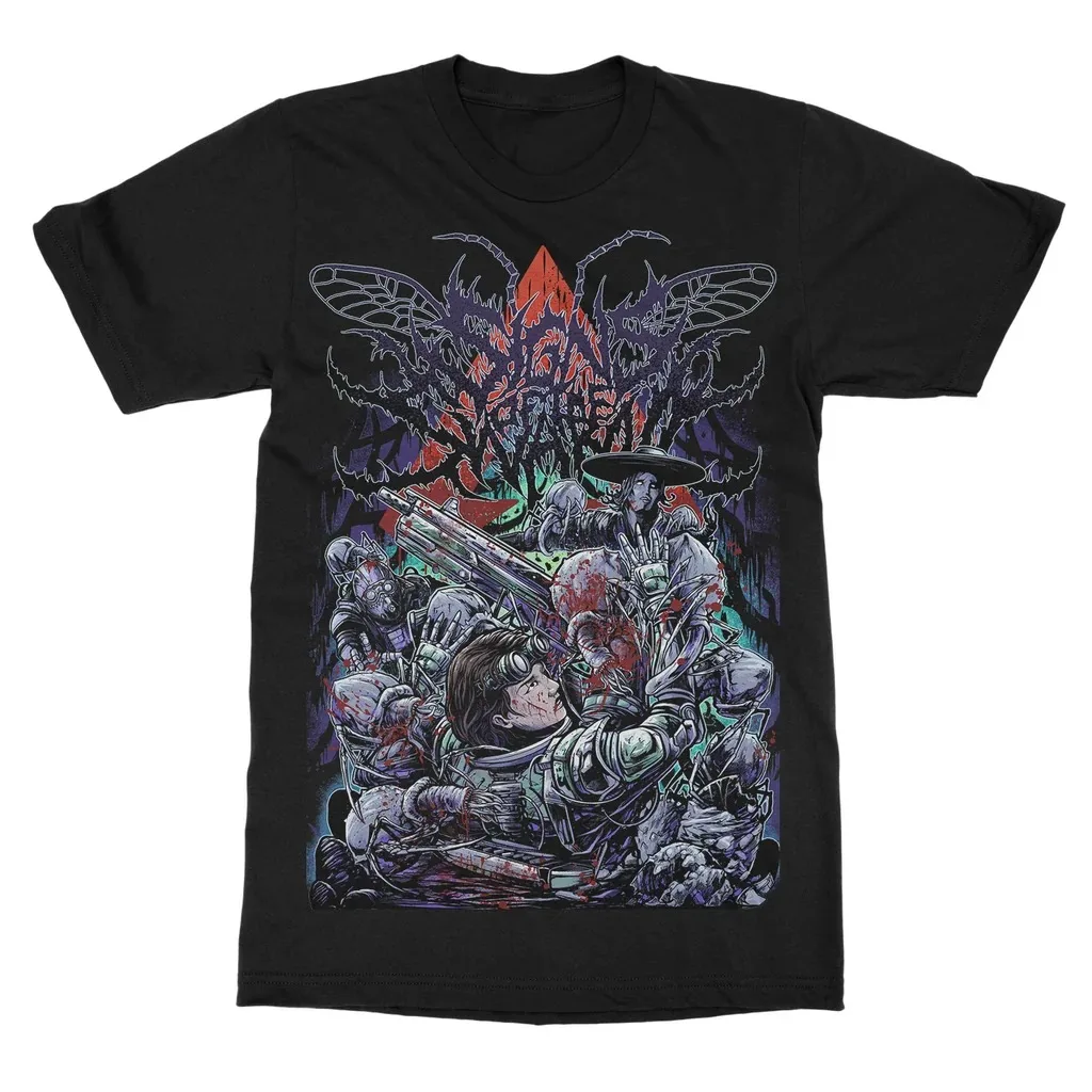 Signs of The Swarm Absolvere Dark Artwork Print T‑Shirt, Displays Spiky Red Band Logo Insect Wing Element Gory Fragmented