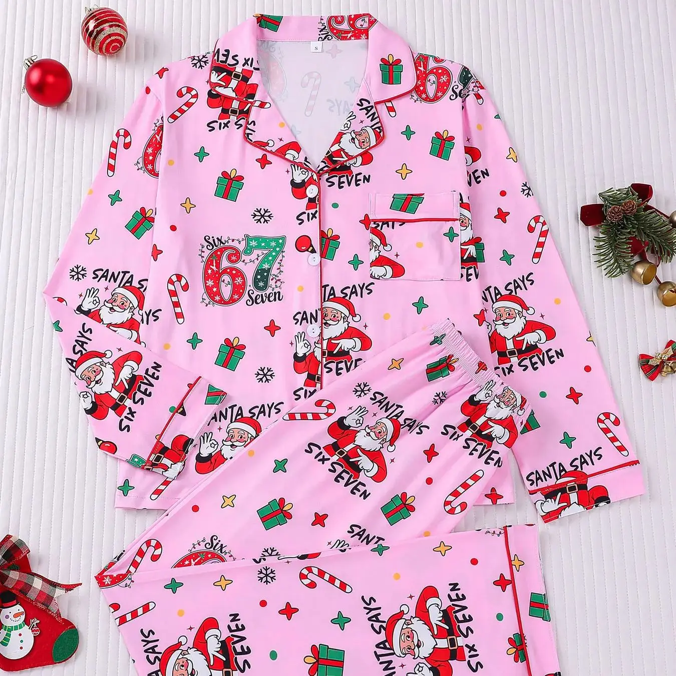 

Fun Novelty Christmas Women's Loungewear Set Pink Santa 67 Print Long Sleeve Button Down Long Pants Comfy Winter Sleepwear