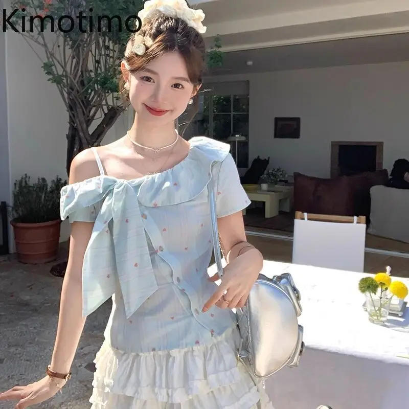 

Kimotimo Sweet Off Shoulder Ruffle Striped Print Shirt Women Summer Short Sleeve Slim Button Crop Top Fashion Y2k Beach Blouse