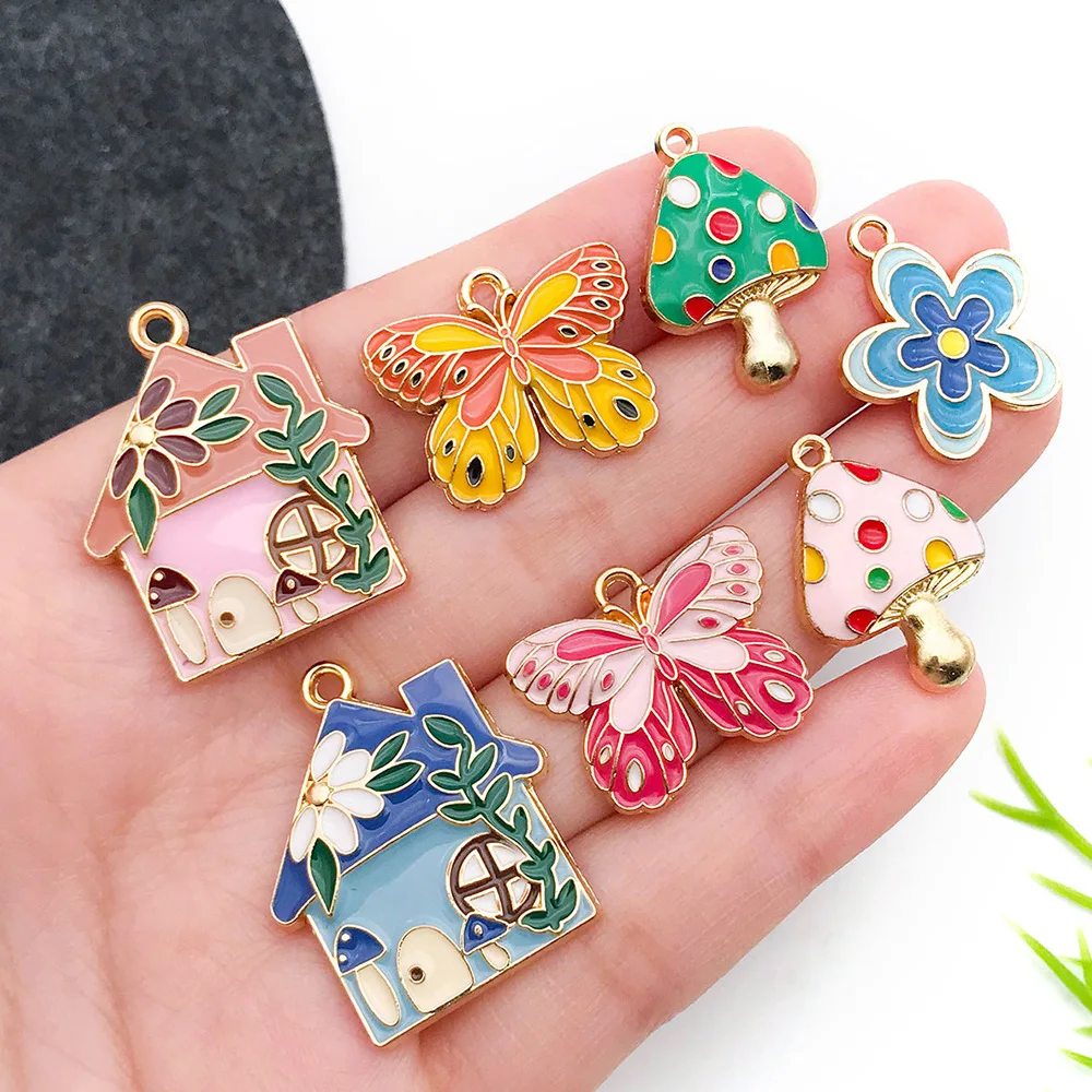 10pcs Enamel Colored Mushroom Pendant Butterfly Charms Handmade Necklace Bracelet Accessory DIY Handmaking Jewelry for Women