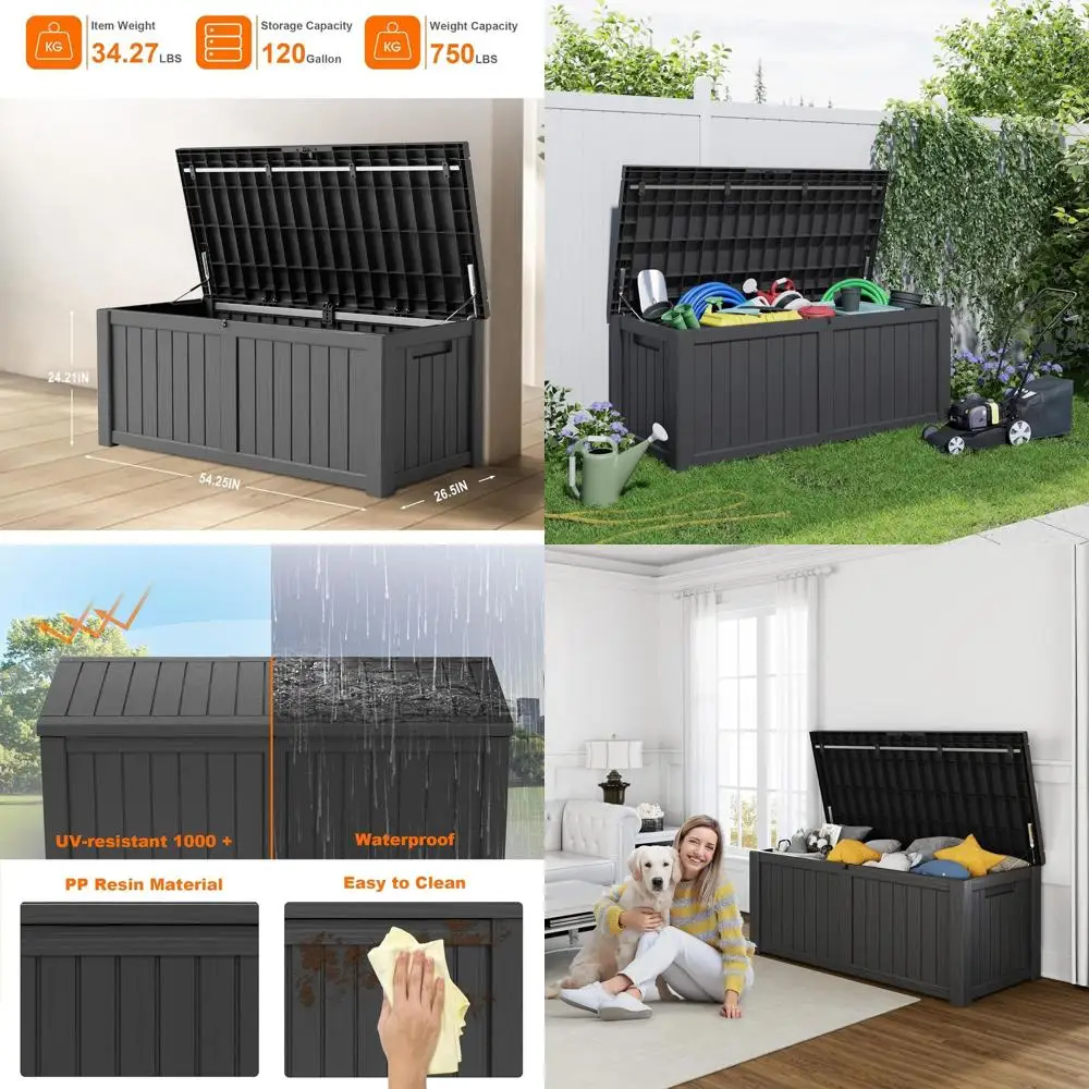 

120 Gallon Resin Deck Box, Lockable Patio Outdoor Storage Box for Furniture, Garden Tools and Tools Storage, Waterproof Outside