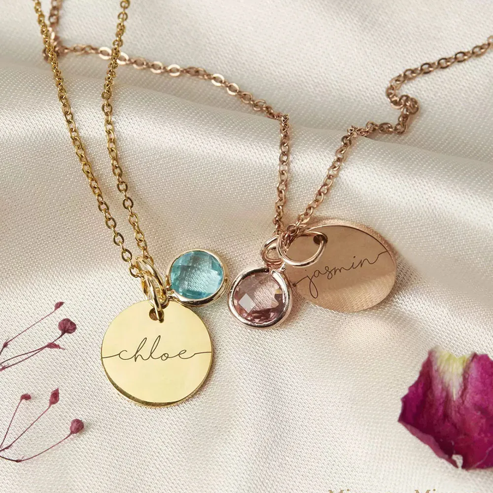Stainless steel necklace with birthstone, gemstone inlay, round plaque engraved necklace, Thanksgiving gift