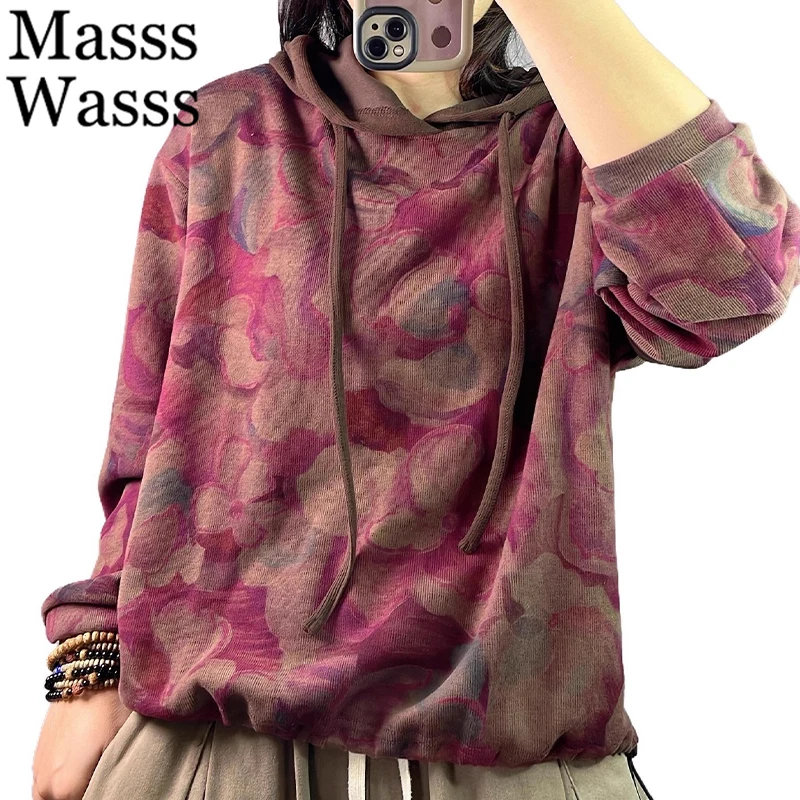 2025年秋韓国ファッション服 レディース プリント入りフード付きスウェットシャツ レディース ラグジュアリー ルーズ ヴィンテージ カジュアル 花柄パーカー