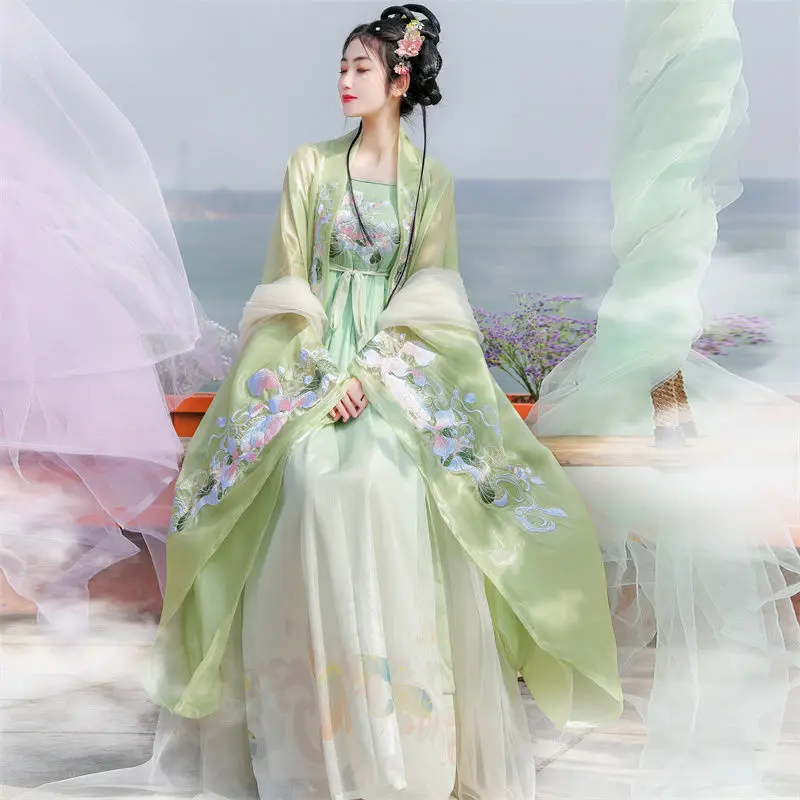 

Women's Clothes Cosplay Tang Suit Chinese Traditional Hanfu Dress Green Floral Embroidered Hanfu National