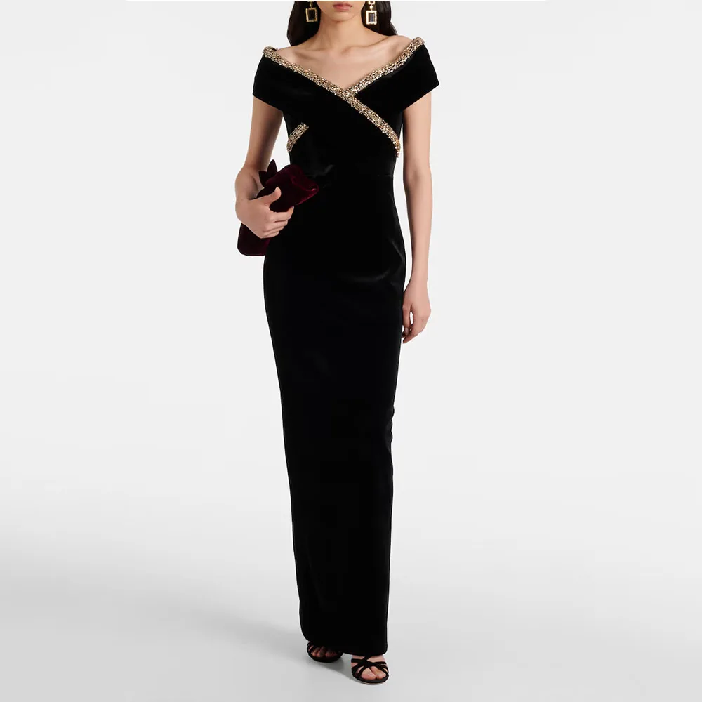 

Mermaid Black Women's Evening Gown Sheath Saudi Dress V Neck Beading Formal Party Dress Floor Length Slit Sleeveless Prom Dress