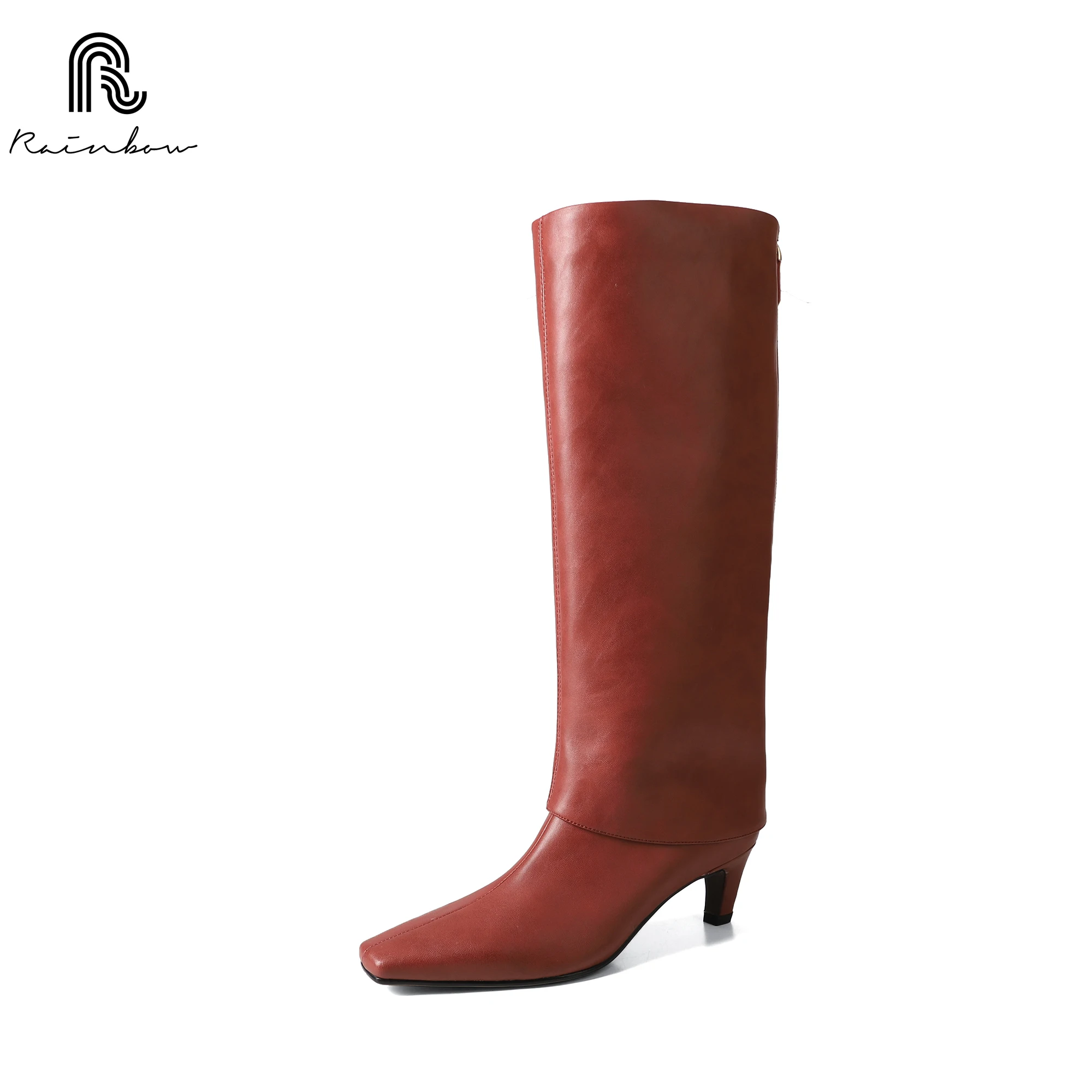 RAINBOW New Shoes Ladies Modern Knee High Heels Boots Designer Fashion Slip On Long Women Western Female Pumps Footwear Pleated