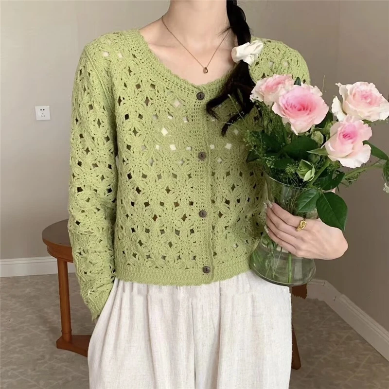 REALEFT Spring Summer Hollow Out Women\'s Knitted Cardigan Single Breasted Bohemiam Outwear Casual Korean Green Tops Female