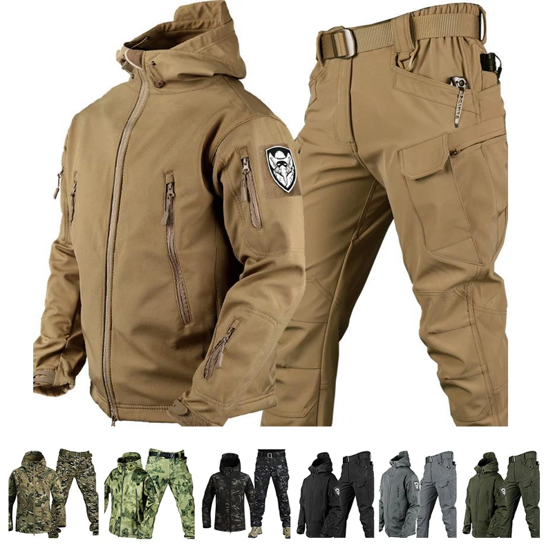 

Tactical Jacket + Pants Set Men Outdoor Sport Windproof Waterproof Suit Soft Shell Sharkskin Hooded Jackets