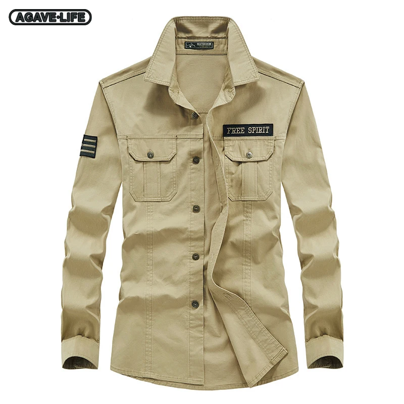 

Men's Outdoor Long-sleeve Cargo Shirt Spring Summer Men Military Shirt Men Casual Single Breasted Solid Color Loose Cotton Shirt