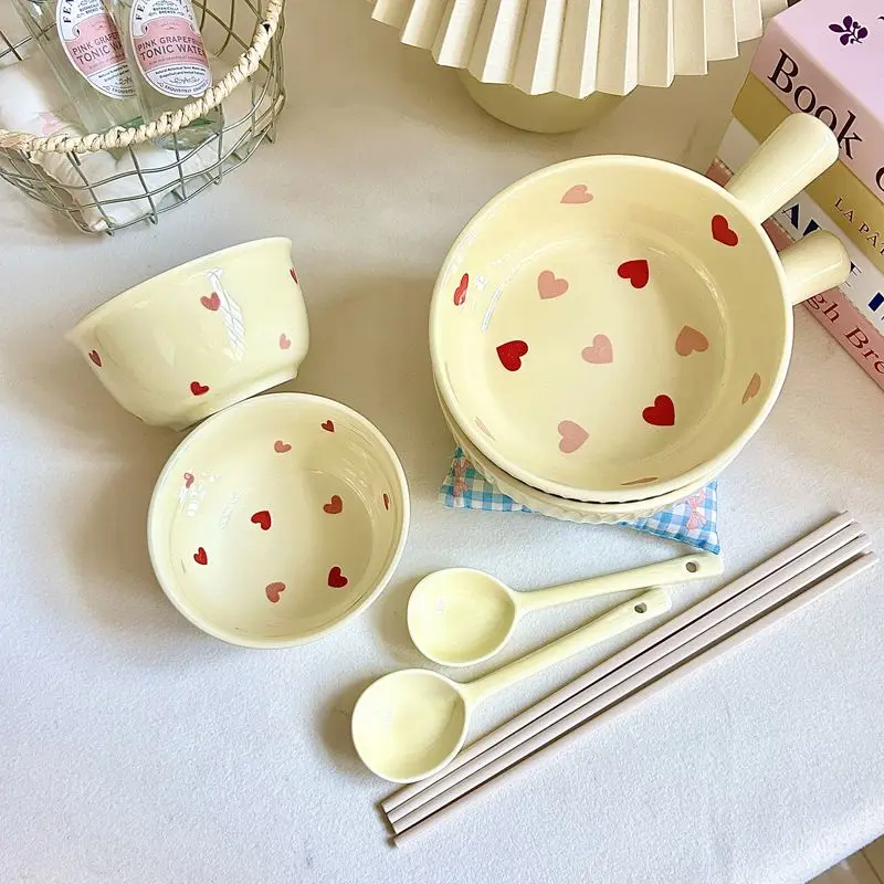 

Love Ceramic Tableware 4-piece Set High Value Bowl Underglaze Instant Noodle Bowl Hand Handle Eating Spoon Chopsticks Kitchen