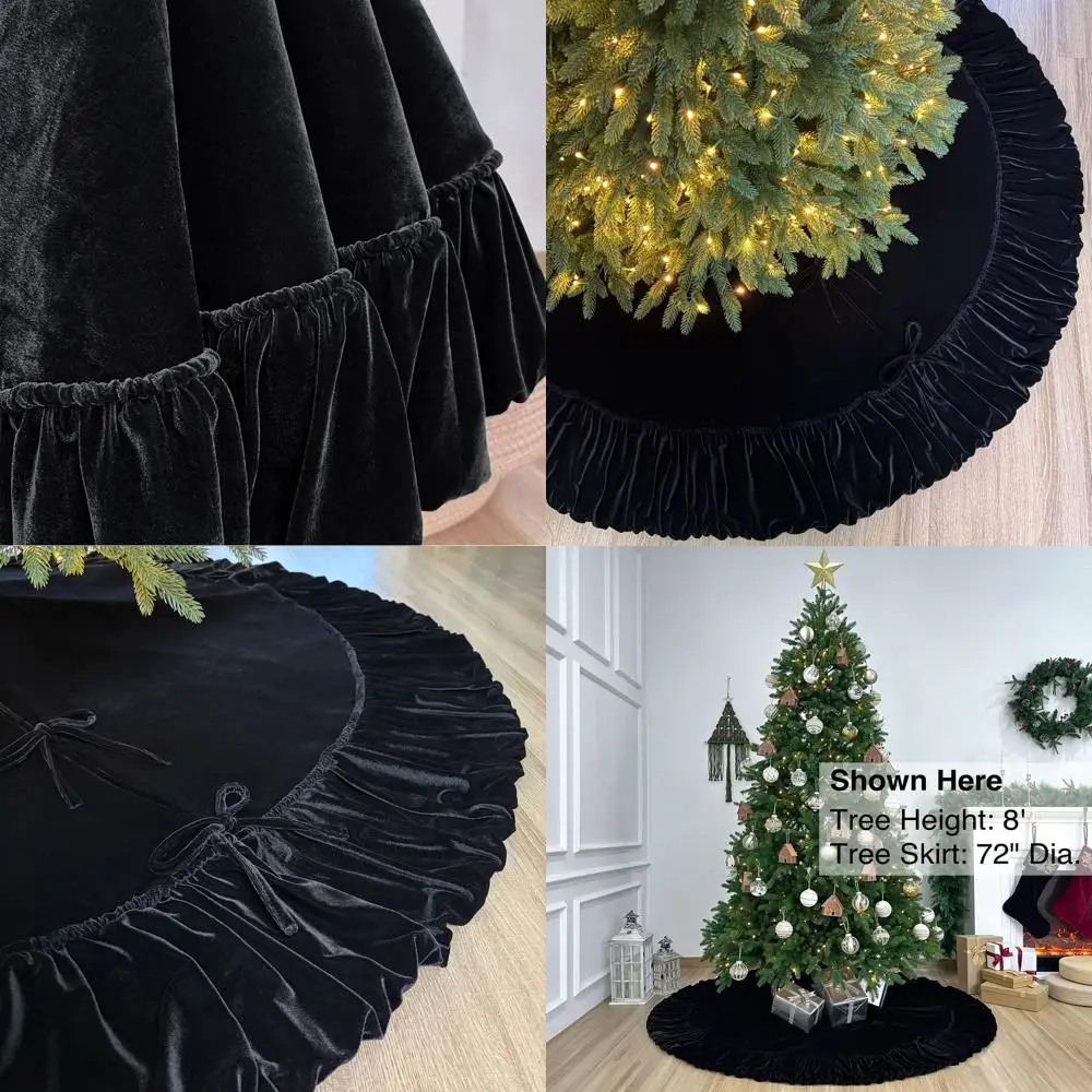 

Black Velvet Ruffled Christmas Tree Skirt with Foam Padding, Nylon Backing, and Lace-Up Closure