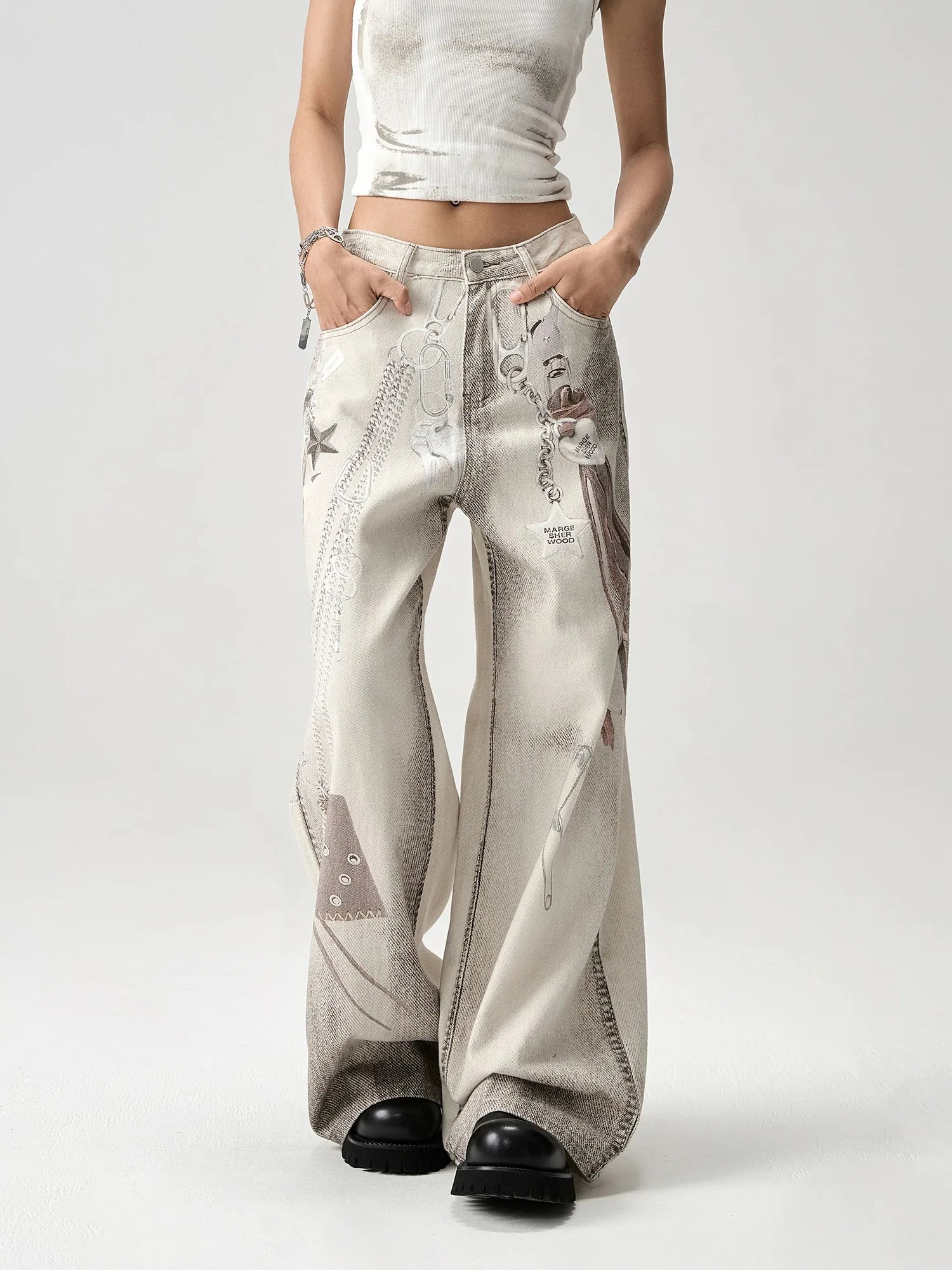 

Women Boho Wide Leg Jeans Summer American Street Style Printed Loose Straight Leg Hanging Trousers
