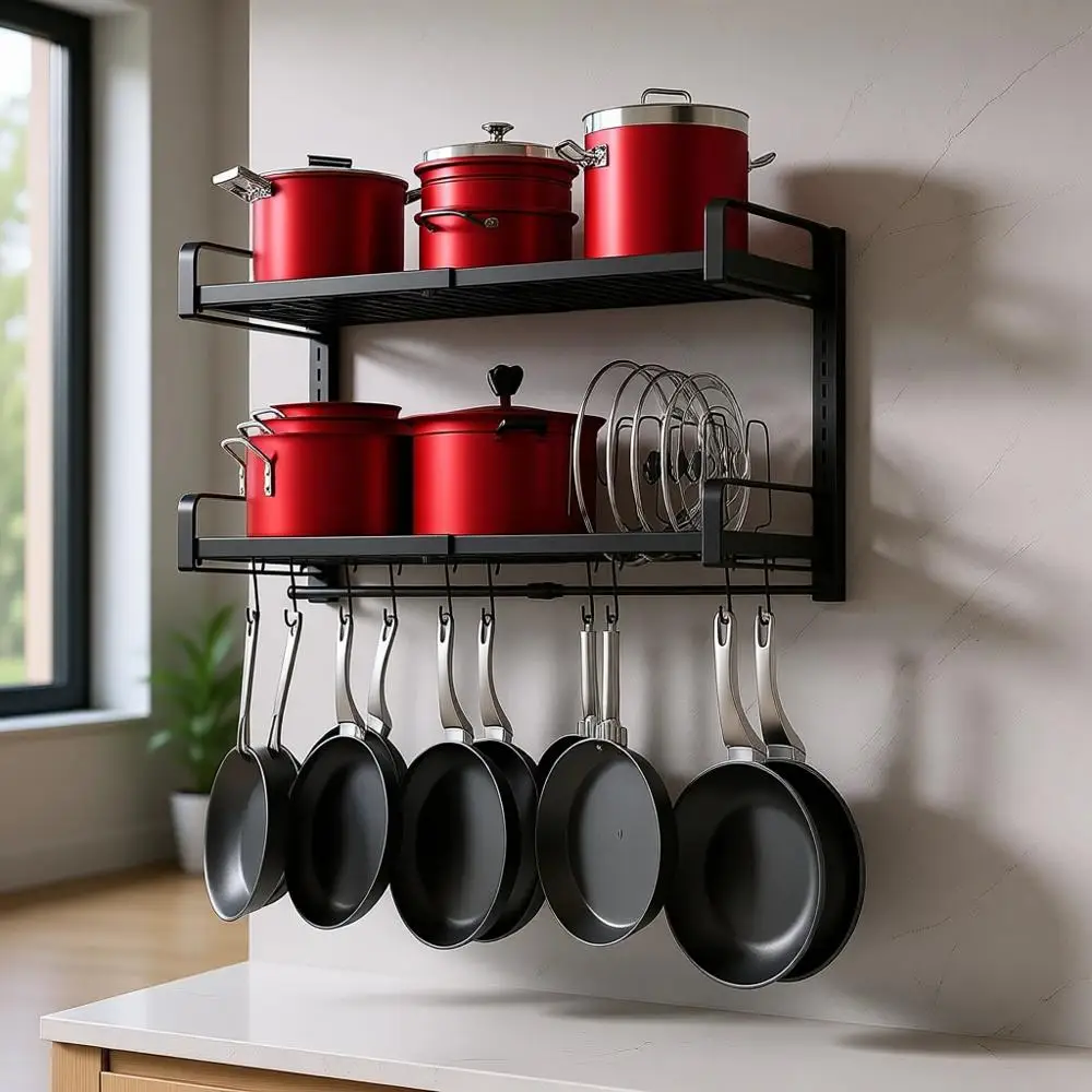 

Раздвижная 2-уровневая настенная подставка для кастрюль 19-30 см, сверхпрочный органайзер с 10 крючками и 5 держателями для крышек для кастрюль, сковородок и кухонной утвари