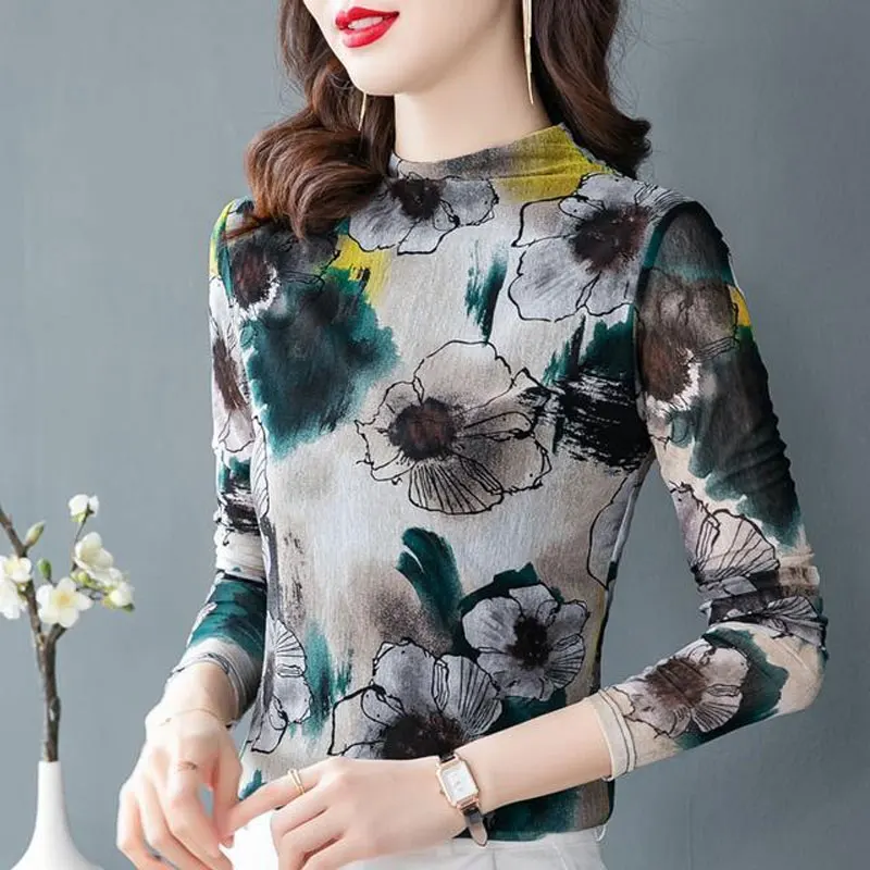 Stylish Casual Floral Printed Contrasting Colors T-shirt Spring Autumn Elegant Slim All-match Female Half High Collar Pullovers