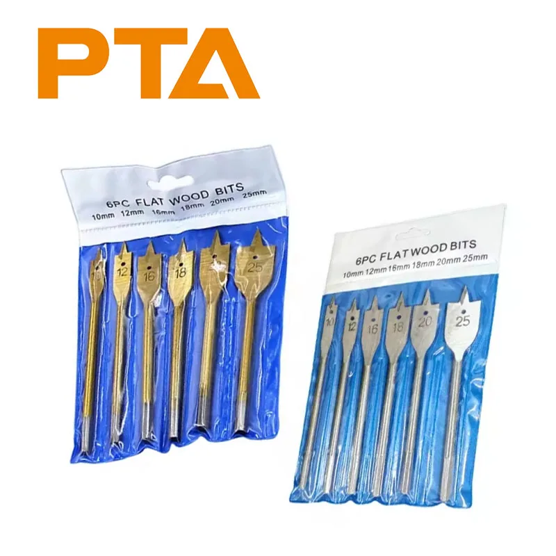 

6pcs Spade Drill Bit Set Paddle Flat Bits Hole Cutter Titanium Coating Carbon Steel Woodworking Tool 10/12/16/18/20/25mm
