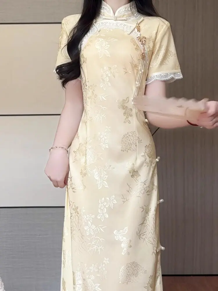 2026 New Summer Improved Short Sleeve Cheongsam Jacquard Retro Elegant Young Girl Chinese Style Yellow Lace Splicing Dress