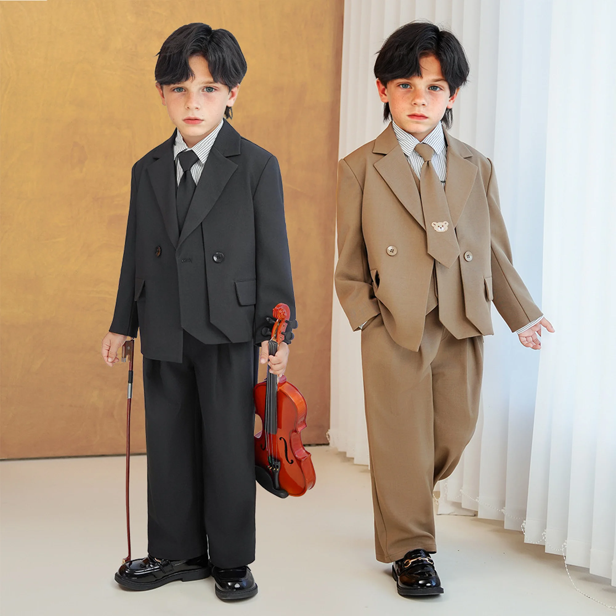 1-11Year Boys Formal Suit Set Kids Jacket Vest Pants Tie 4Pieces Wedding Outfit Children's Birthday Performance Photography Suit