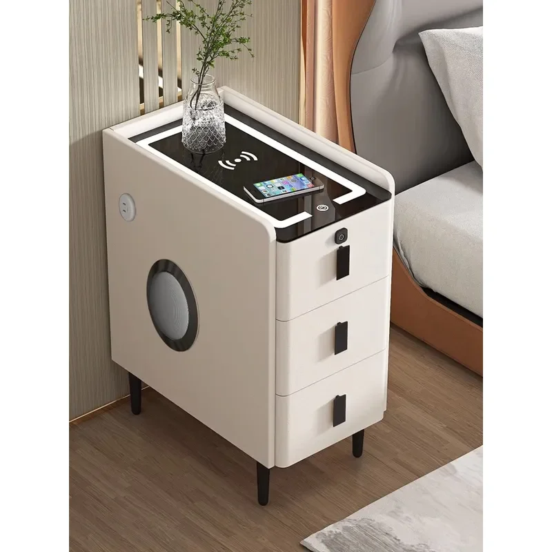 Slim Smart Nightstand Solid Wood 3 Tier Wireless Charging Fingerprint Lock Modern Minimalist Bedroom Storage Cabinet