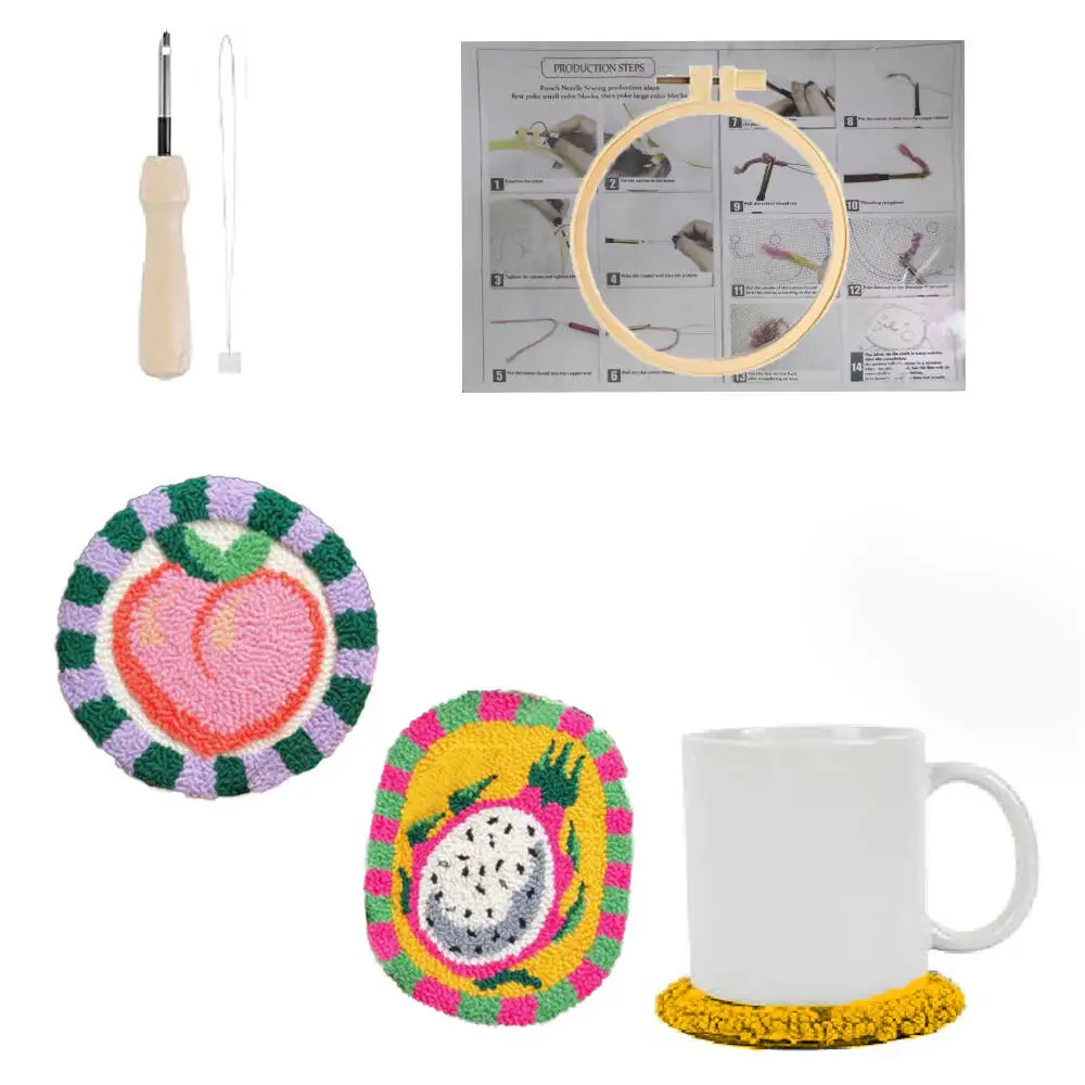 Stickerei Kit Pfirsich Blume mit Hoop Untersetzer Obst Küche Tasse Matte Geeignet Für Anfänger DIY Schreibtisch Dekoration