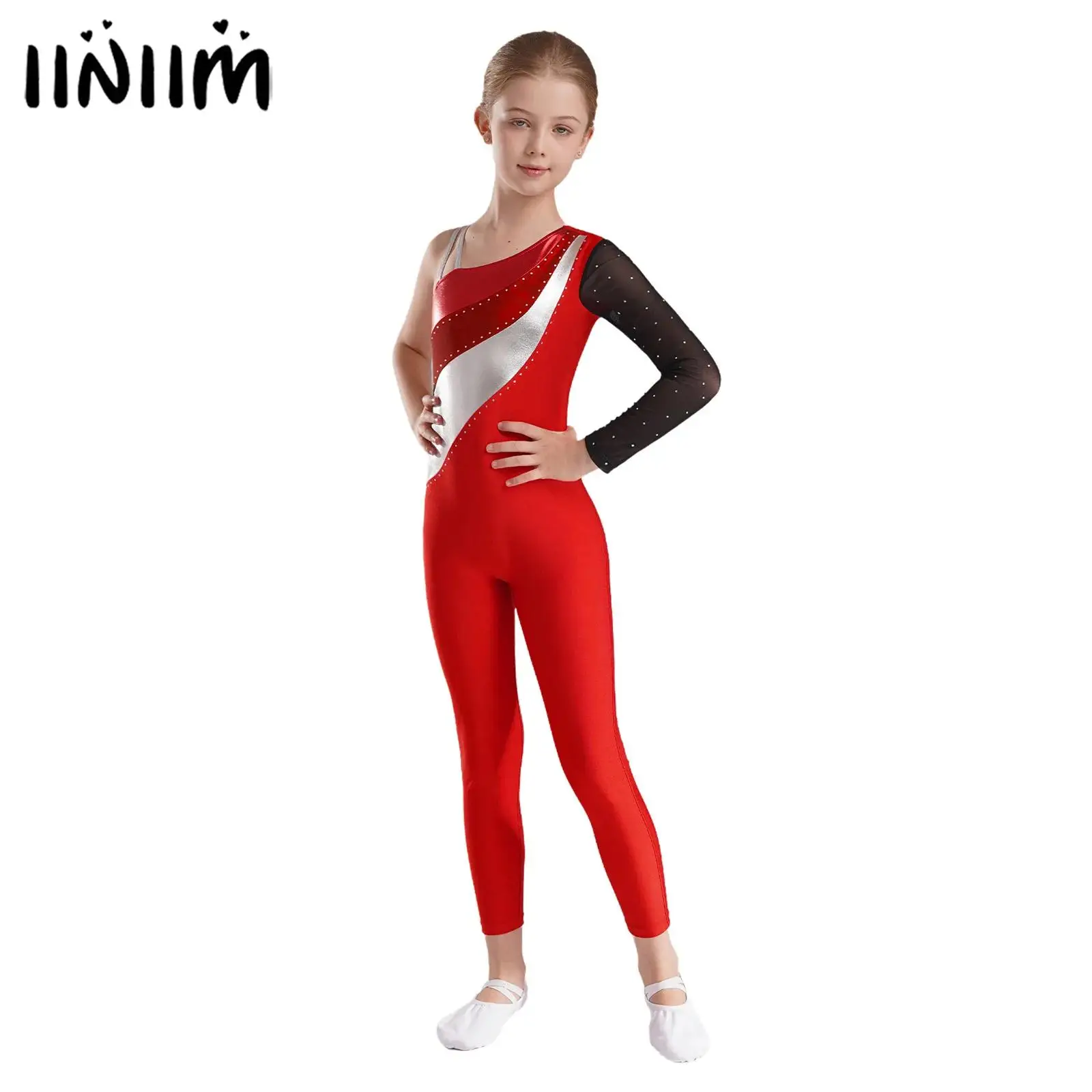 

Kids Girls Artistic Skating Costume Rhythm Gymnastics Tight Fitting Jumpsuit Sheer Mesh Long Sleeve Metallic Bodysuit Dancewear