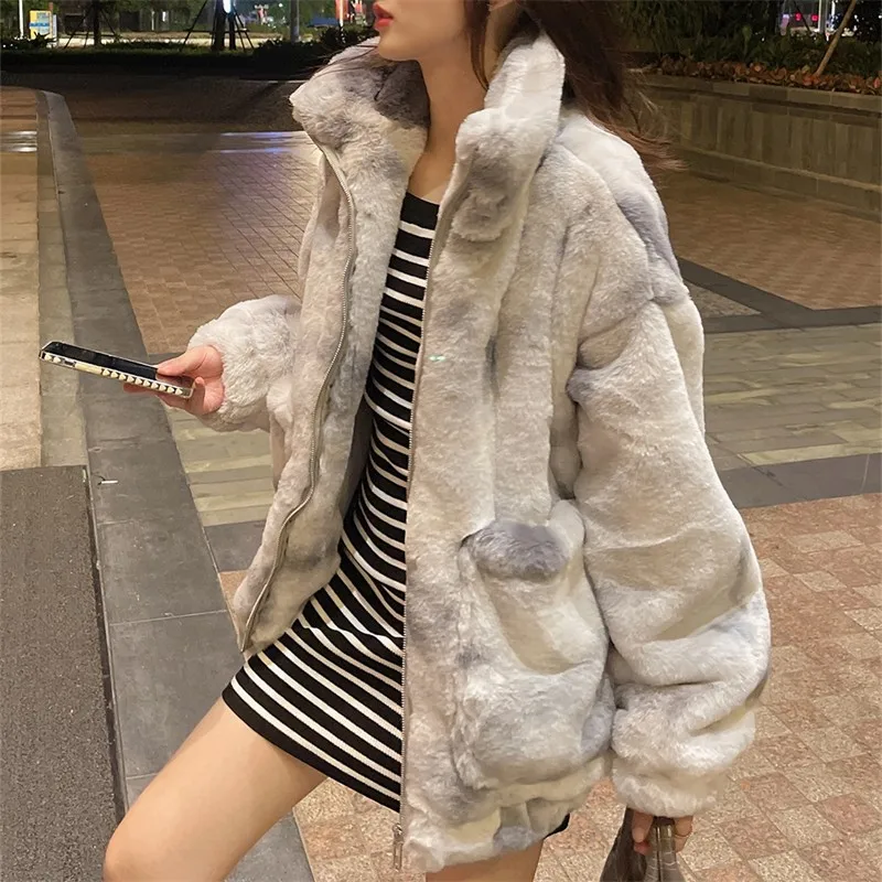 

New Faux Lamb Wool Coat Female Winter Imitation Rabbit Plush Fur Young Lady Stand Collar Thicken Fashion Warm Women Jacket