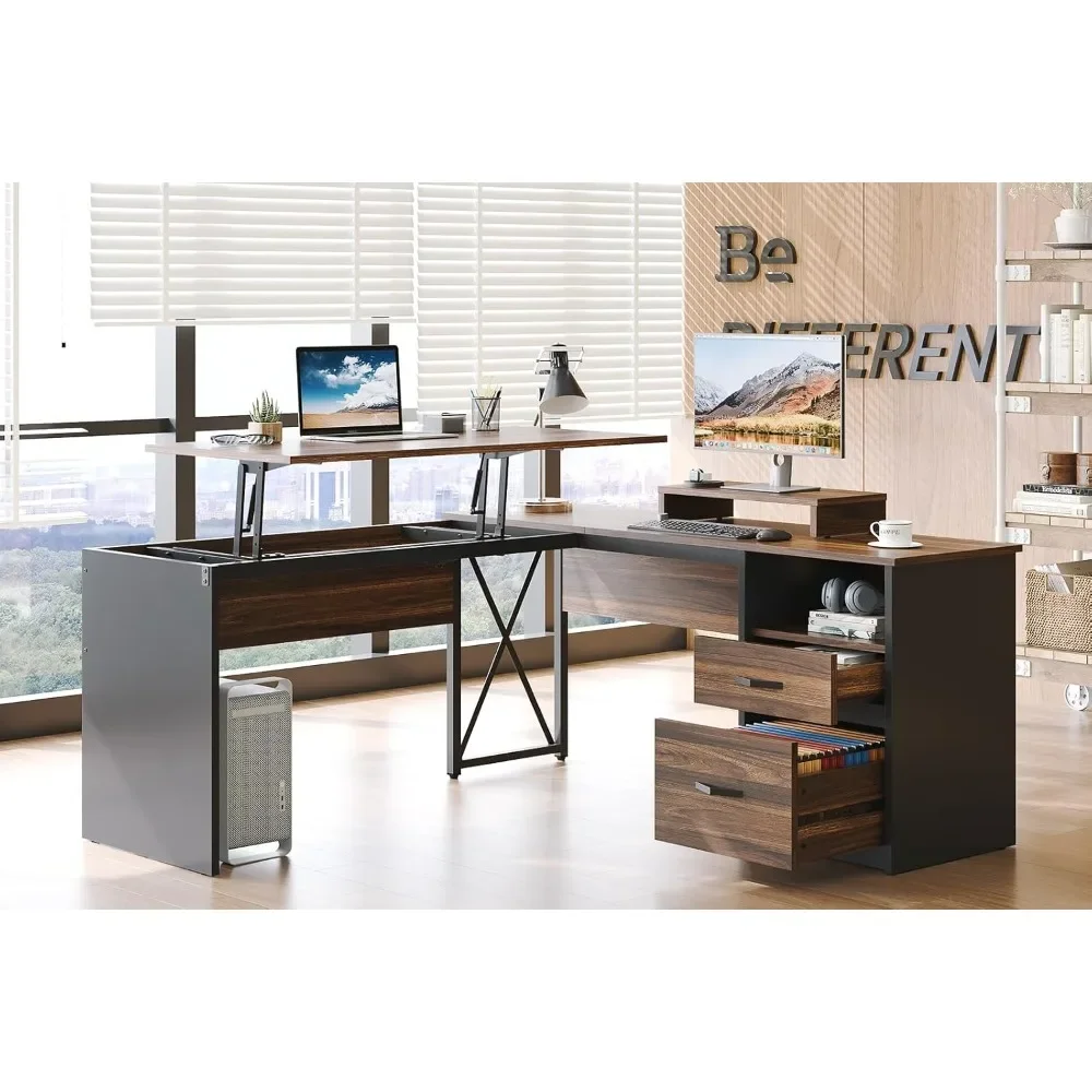 

Lift Top L Shaped Desk with File Drawer, 55'' x 55'' Office Desk with Reversible Storage Drawers, L Shaped Standing Desk