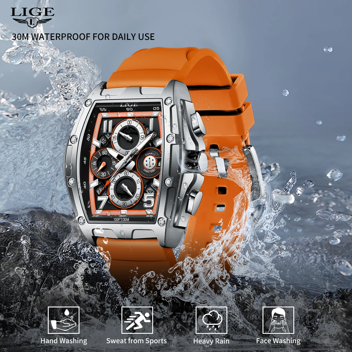 ساعة LIGE للرجال رياضية فاخرة وساعات عصرية للرجال بتصميم مربع فريد من نوعه كرونوغراف كوارتز وشريط مقاوم للماء
