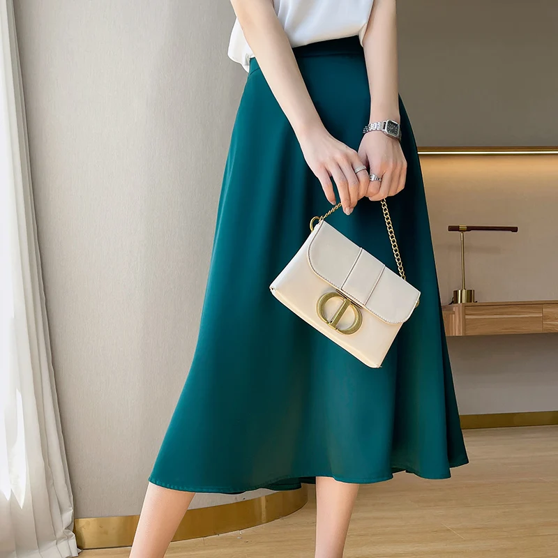 Gonna longuette a trapezio in seta a vita alta Capispalla in puro colore da donna a vita alta in seta Fasion Trend estivo 2025