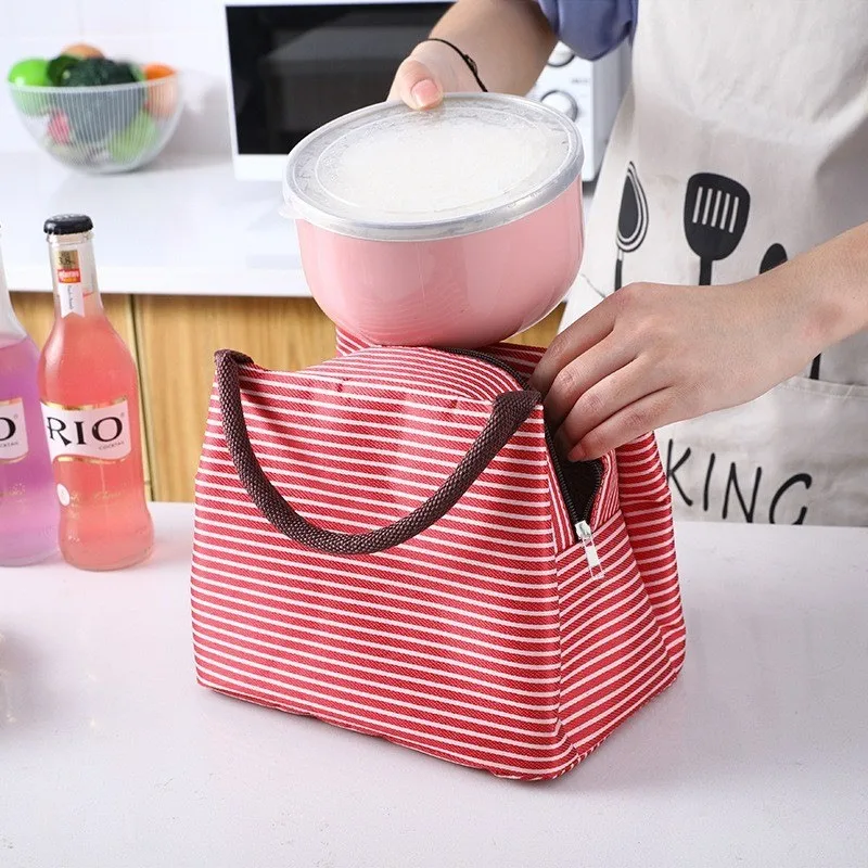 Home Oxford Waterproof Striped Thermal Insulated Food Bag Portable Bento Carrier Student Office Worker