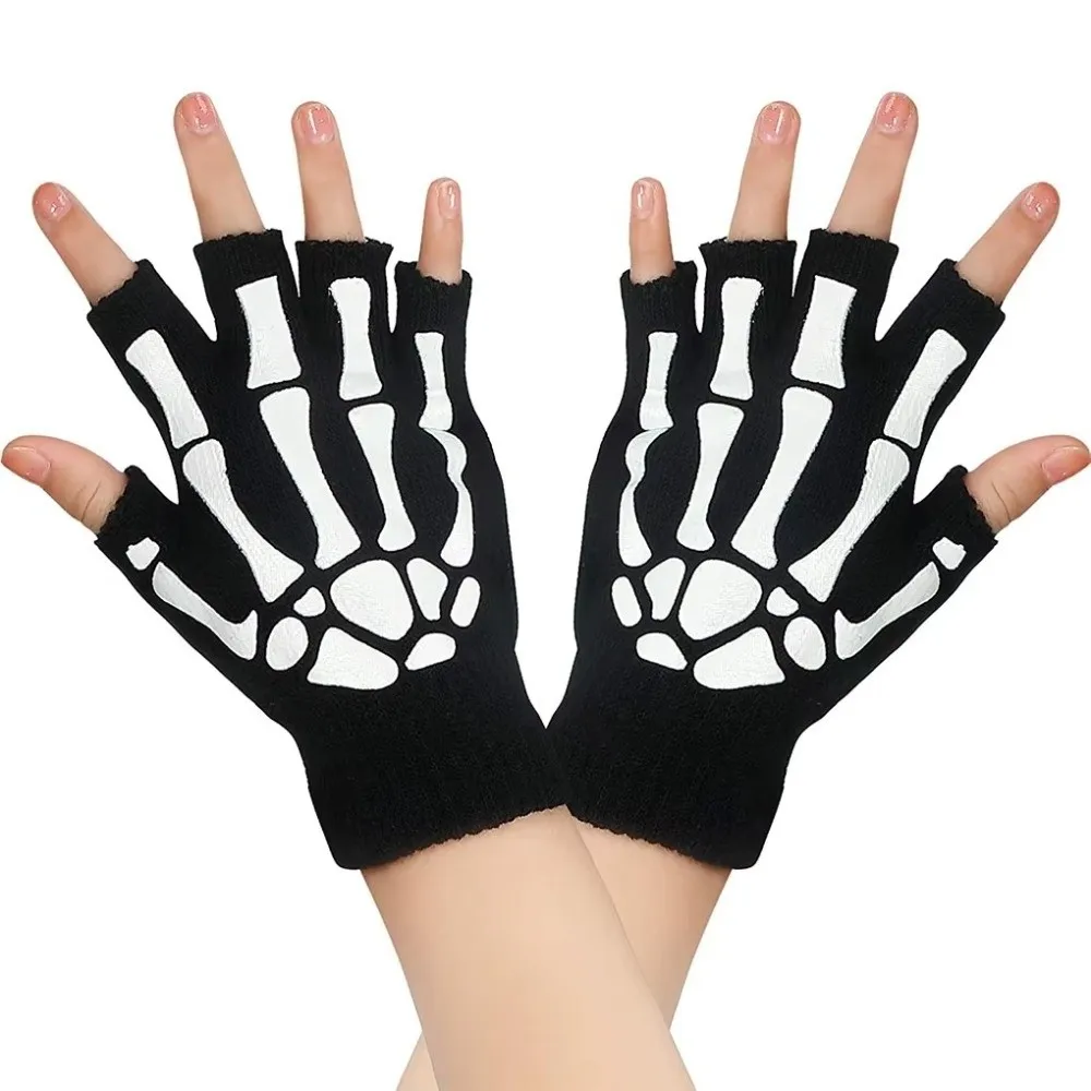 Black Punk Skeleton Gloves Knitted Ghost Claw Skull Half Finger Gloves Thicken Stretch Halloween Skeleton Gloves Moto Riding