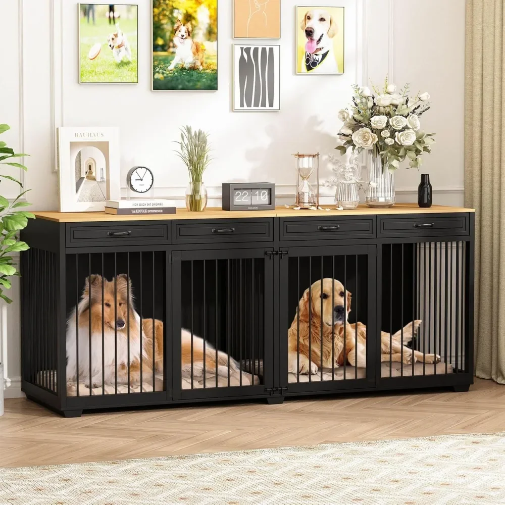 Dog Crate Furniture, 93 Inch Wooden Dogs Kennel with Drawers & Removable Divider, Luxury Double Rooms Dog House