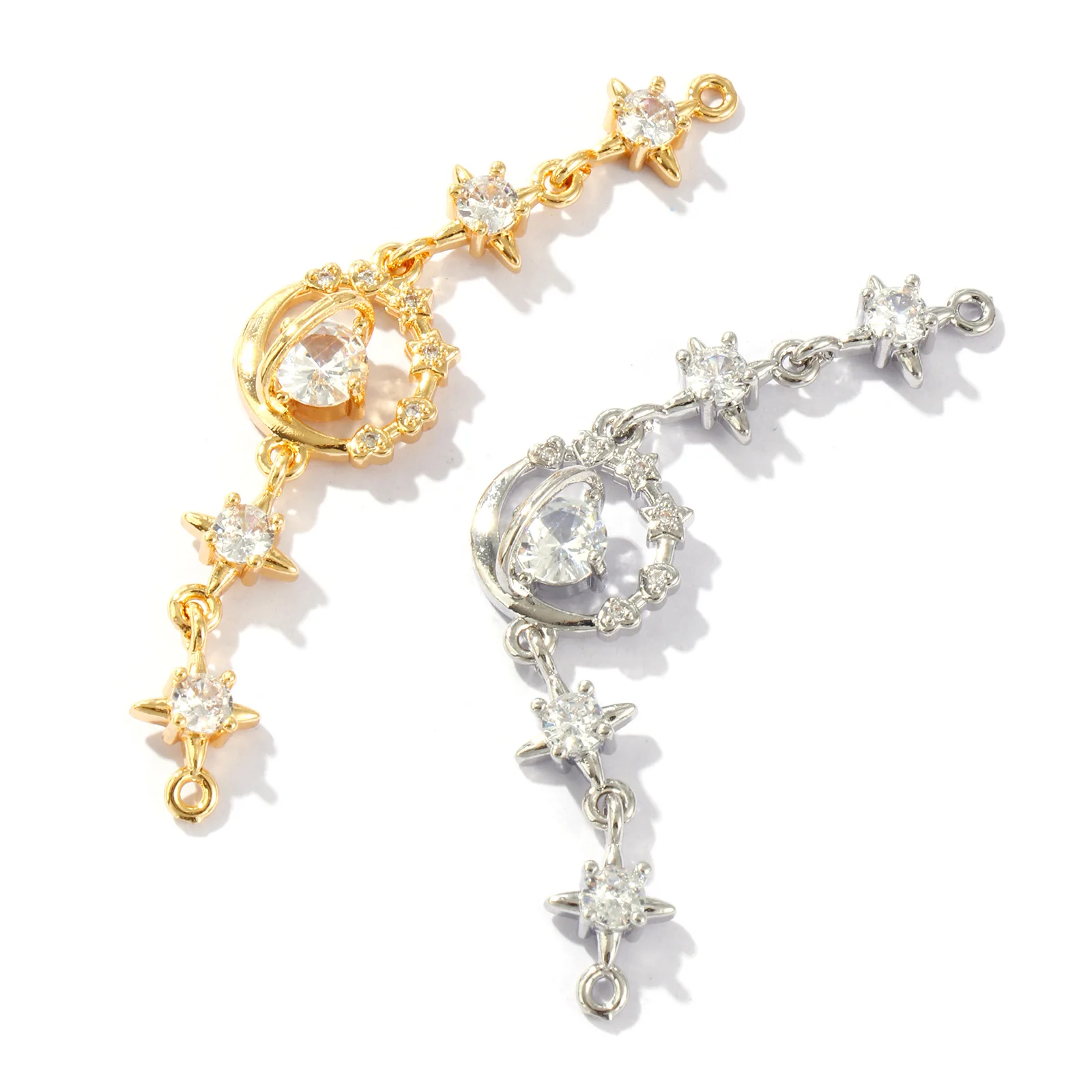 1PC Fashion Brass Galaxy Connectors For Necklace Bracelet Making Pendants Clear Cubic Zirconia Planet Moon DIY 6.7cm x 1.4cm