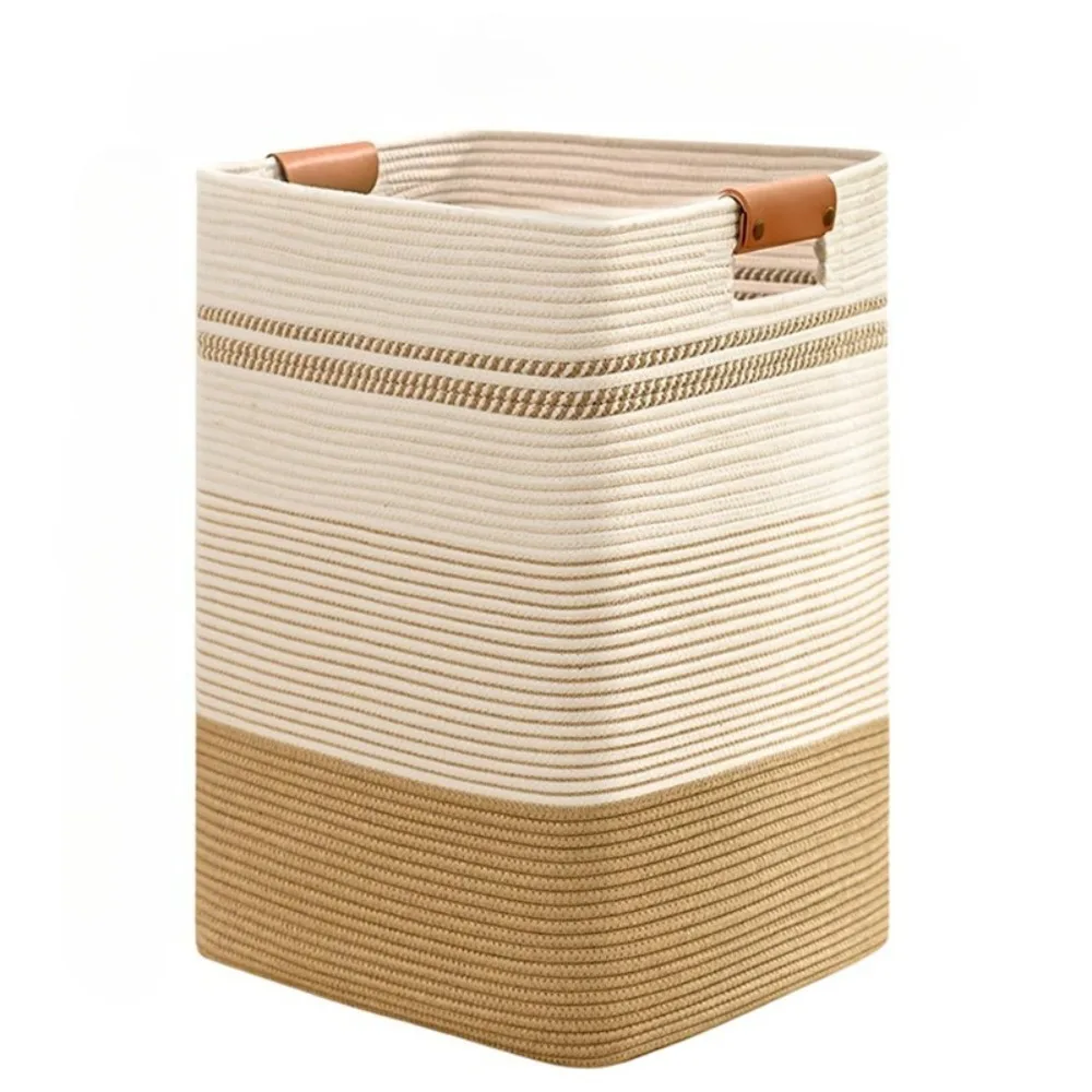 

Large Cotton Rope Laundry Hamper with Leather Handles – Decorative Storage Bin for Clothes, Blankets, Bedroom & Living Room