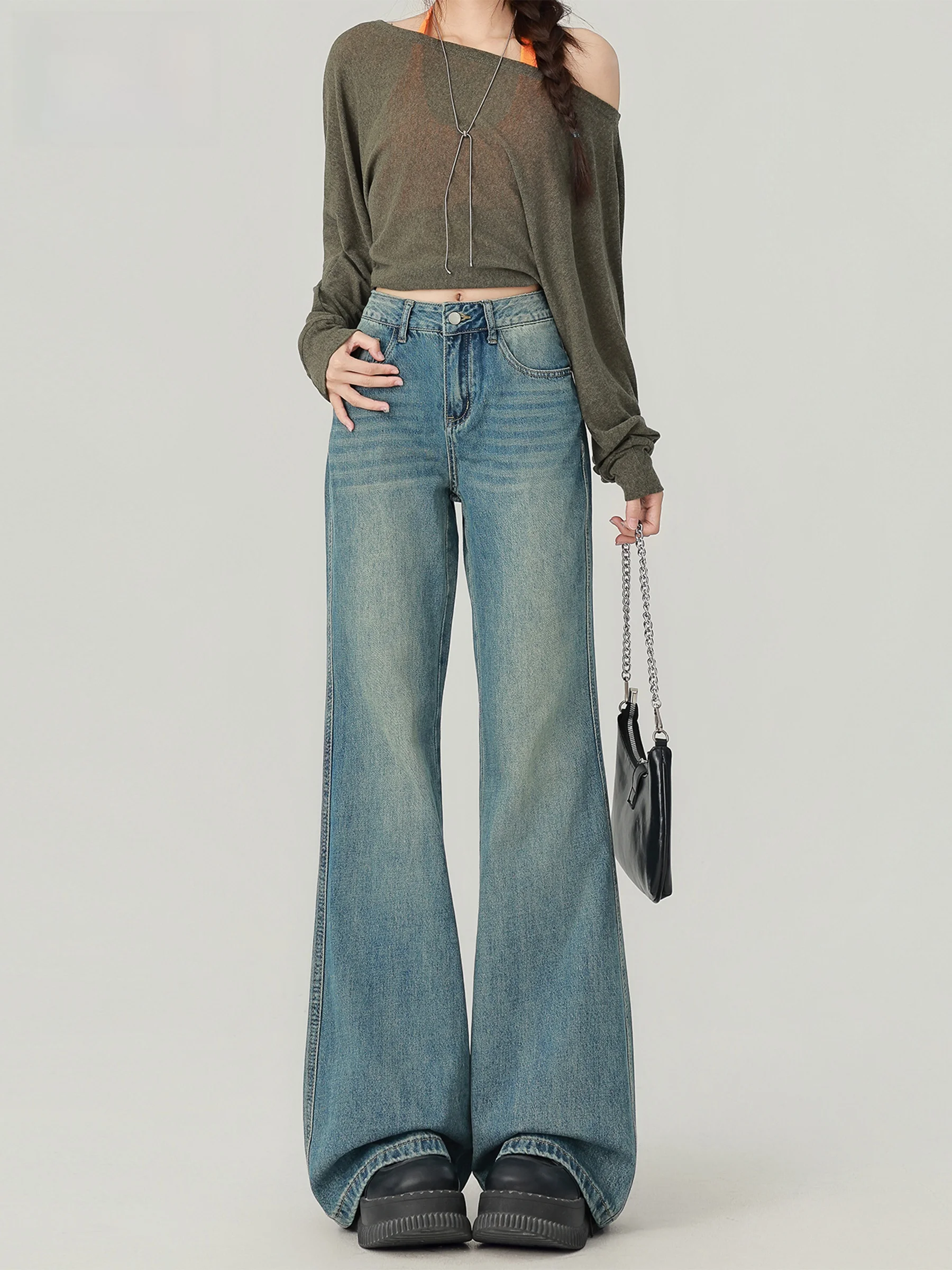 

American Retro Loose Fit Slimming High Waist Denim Jeans Women's Autumn New Style Bell Bottoms Casual Wear Non-Stretch