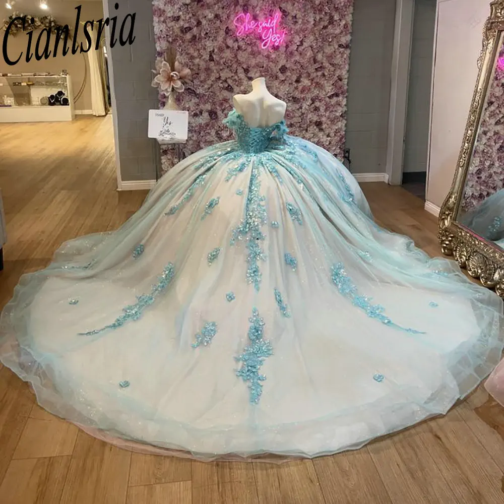 Light Blue Off The Shoulder 3D Flowers Quinceanera Dresses Ball Gown Sequined Appliques Lace Corset Vestidos De XV Anos