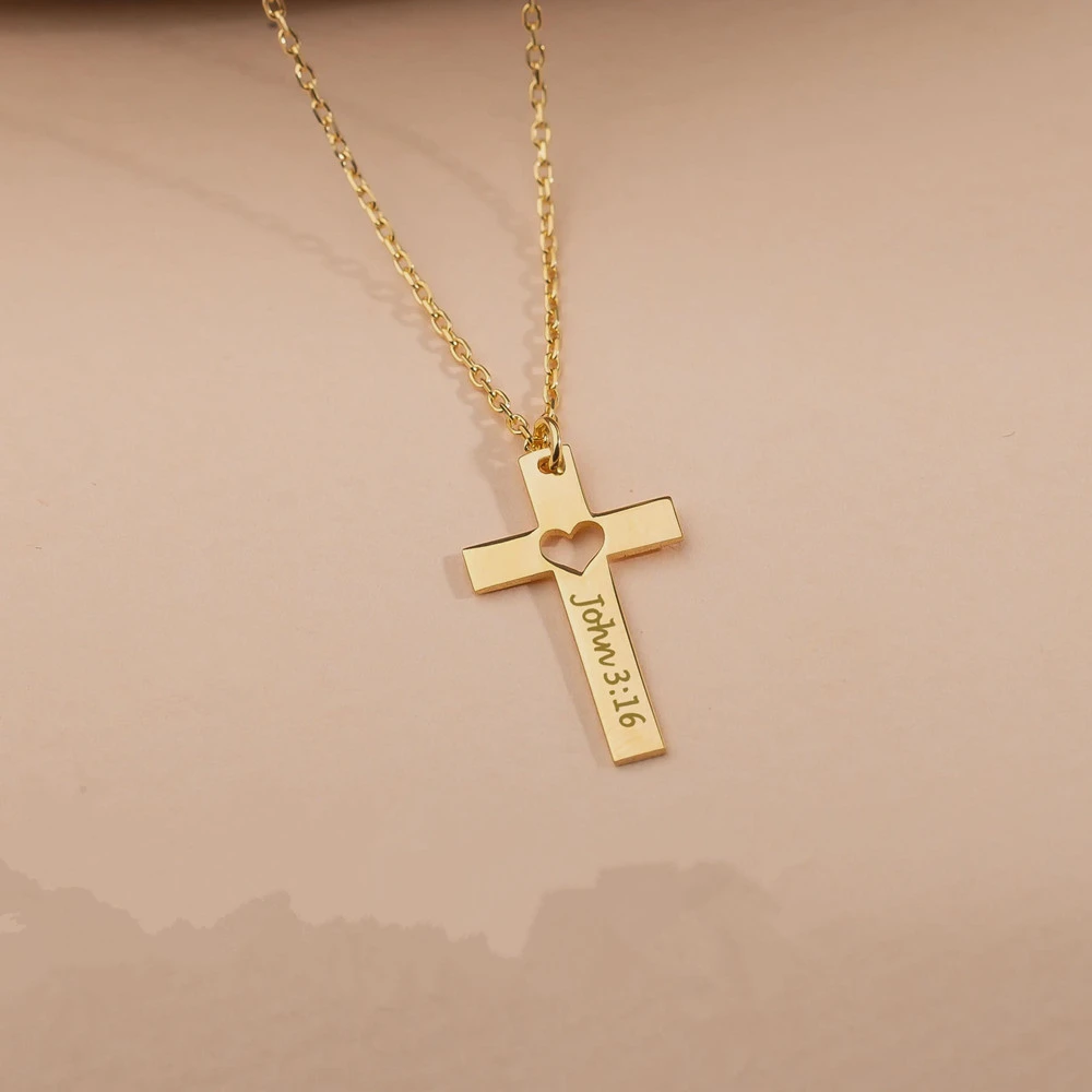 

Custom Engraved Cross Necklace with Heart Gold Plated Stainless Steel Personalized Faith Necklace Christian Christmas Gifts